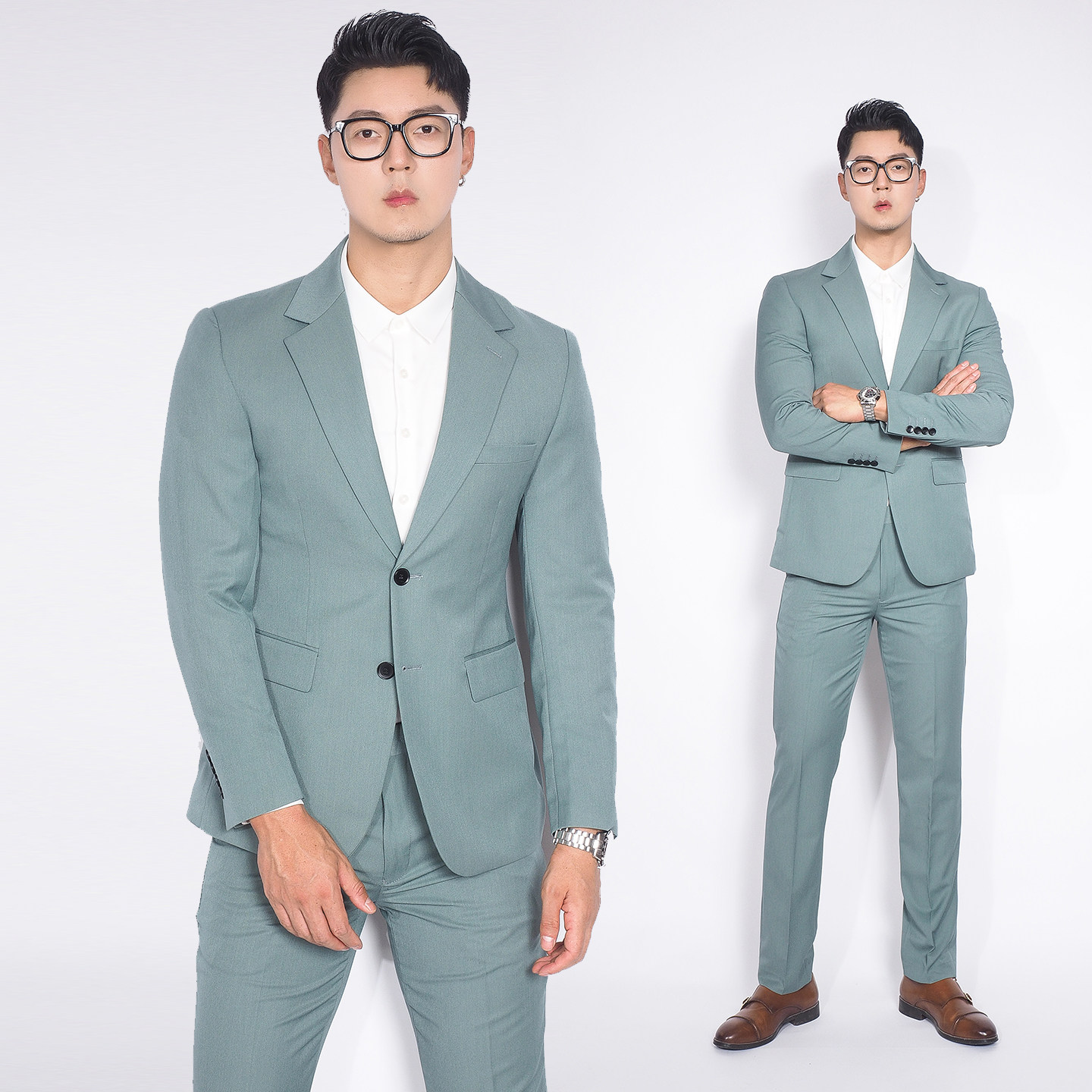 川泽男装绿色休闲西装韩版修身单排扣纯色日常青年通勤西服套装潮