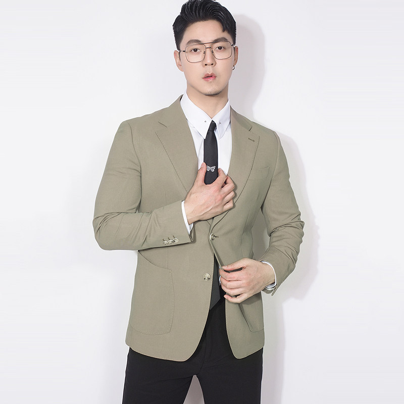 川泽男装芥绿色西装外套新款英伦修身西服上衣通勤休闲男士小单西