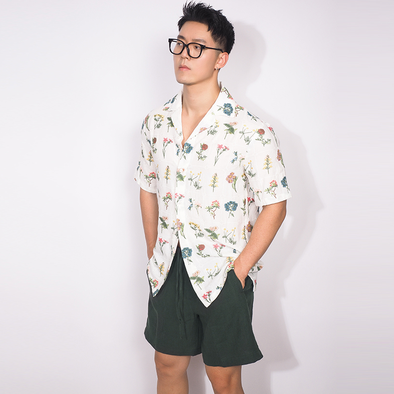 川泽男装夏季短袖花朵刺绣针织衬衫休闲度假风时尚古巴领白色衬衣