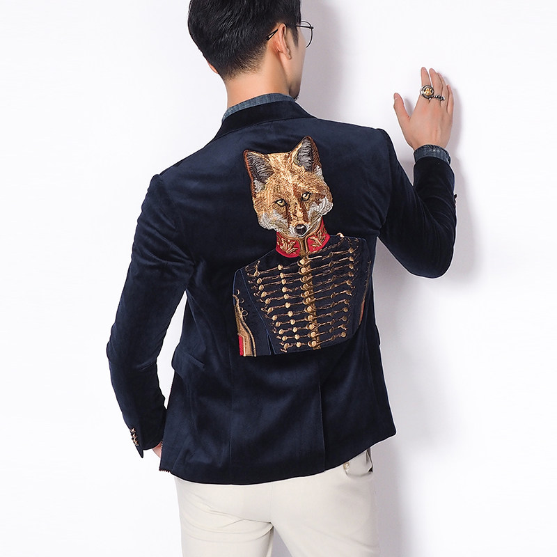 重工刺绣狐狸公爵金丝绒西装外套男士新款蓝色修身丝绒小西装单西