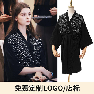 重工烫钻女士睡袍新娘喜袍可定制名字婚纱礼服馆化妆中长款晨袍