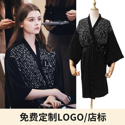 重工烫钻女士睡袍酒红色新娘喜袍可定制名字婚纱礼服馆化妆晨袍