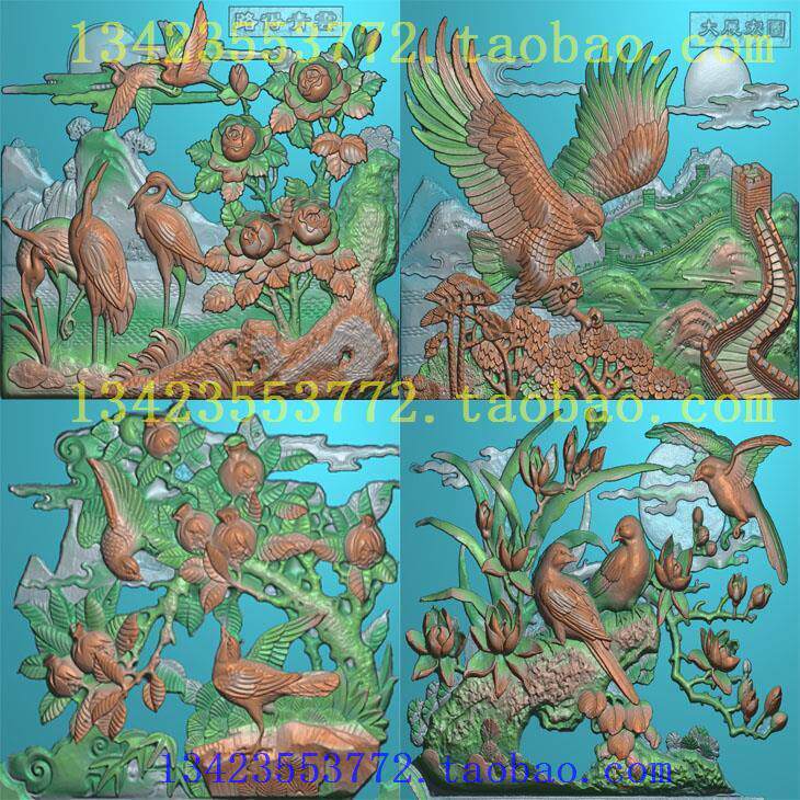 D扫描图精雕图大鹏展翅牡丹松树鹤古建花鸟路得青云砖雕石雕图