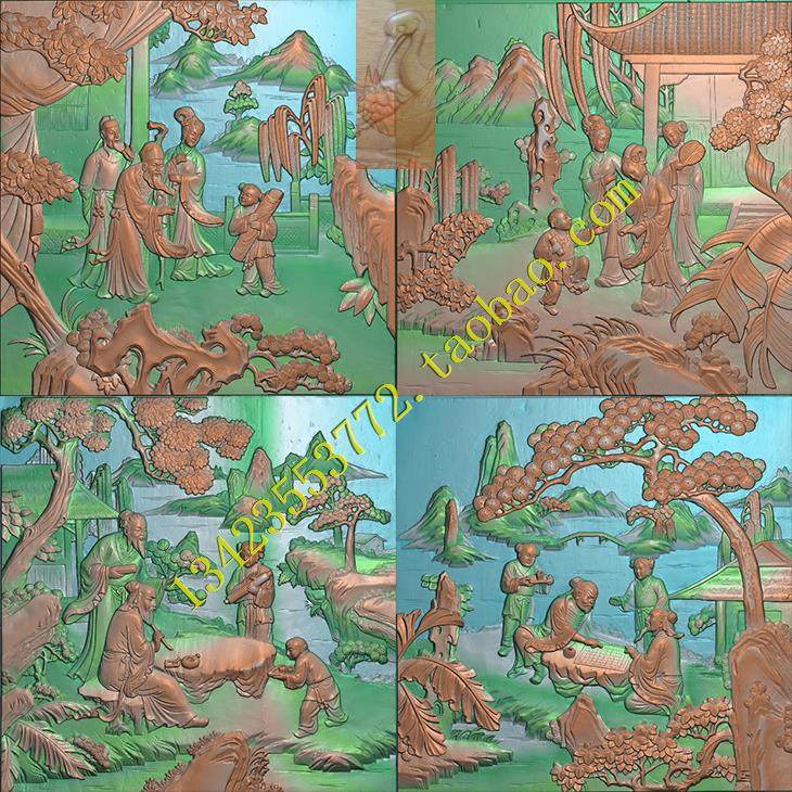 a浮雕图扫描图精雕图灰度图新款方图琴棋书画人物 童子福禄寿喜