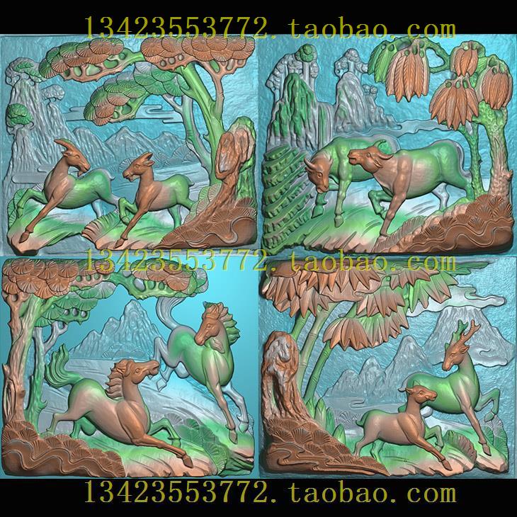 A精雕图浮雕灰度图扫描图深雕古建双牛双羊双鹿双马动物777-617图片