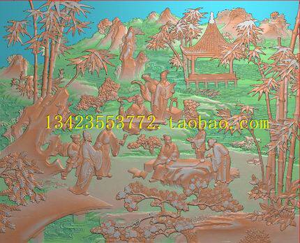 a精雕图灰度图扫描图深雕古建图新款竹林七贤方形人物