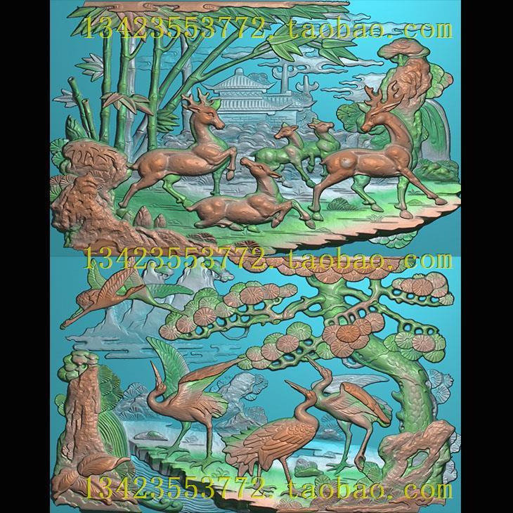 A精雕图浮雕灰度图扫描图深雕古建竹鹿松鹤101-63