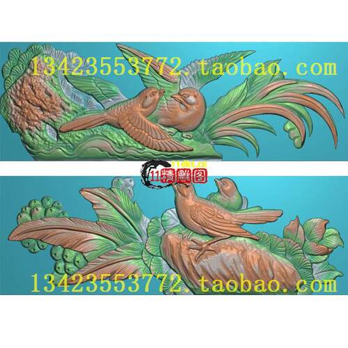 L精雕图浮雕灰度图扫描图古建古建鸟兰花芭蕉扫描精雕图