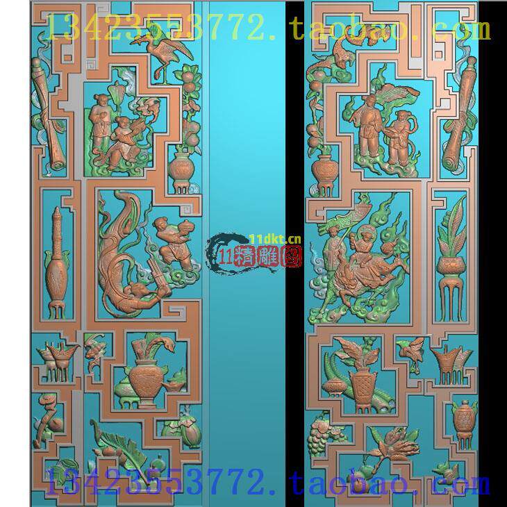 H扫描图古建博古边角柱精雕图童子麒麟送子花瓶柱子角牌边柱 人物