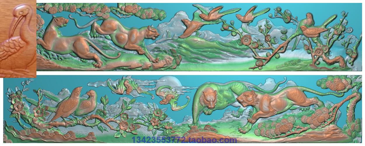 浮雕图扫描图精雕图灰度图新款双老虎双豹子208-40砖雕石雕效果图