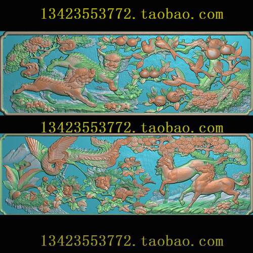 A精雕图浮雕灰度图扫描图深雕古建图新款狮子凤马花鸟1090-351