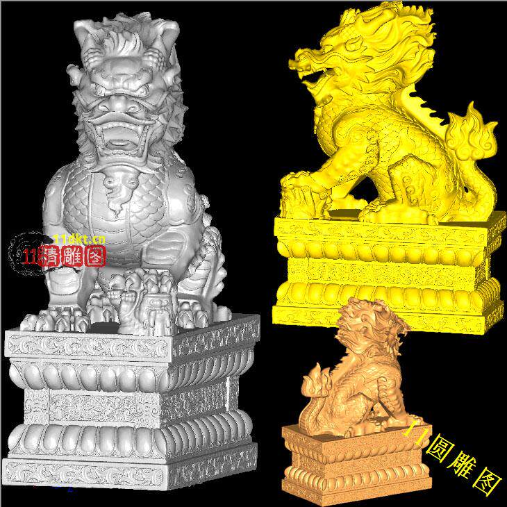 P 麒麟爪子踩狮子圆雕图三维立体模型3d电脑雕刻图stl文件精雕图