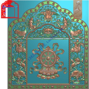 灰度图精雕图藏式佛龛法座带线精雕图六灵法轮古建寺庙图