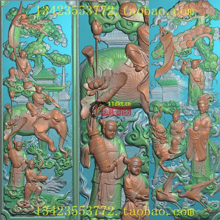 W麒麟送子精雕图吉祥如意童子人物浮雕扫描图大象古建祠堂门面新