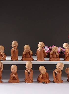 创意迷你智慧小和尚摆件佛系禅意古风书房茶台办公桌装饰日式玩偶