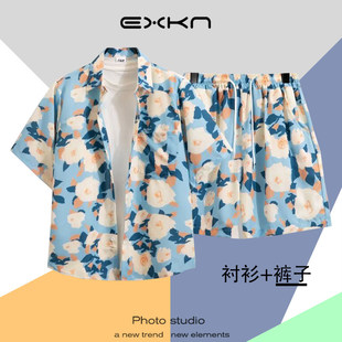 蓝色格子衬衫短袖男款夏薄款冰丝套装潮牌高级感痞帅半袖衬衣外套