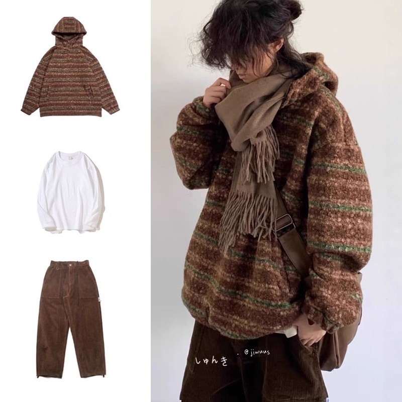 日系穿搭男套装秋季羊羔绒卫衣男