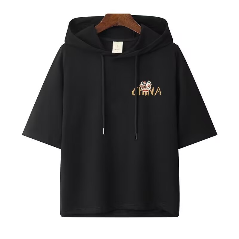 青少年连帽短袖男t恤夏季薄款印花卫衣中学生夏装初中生带帽衣服