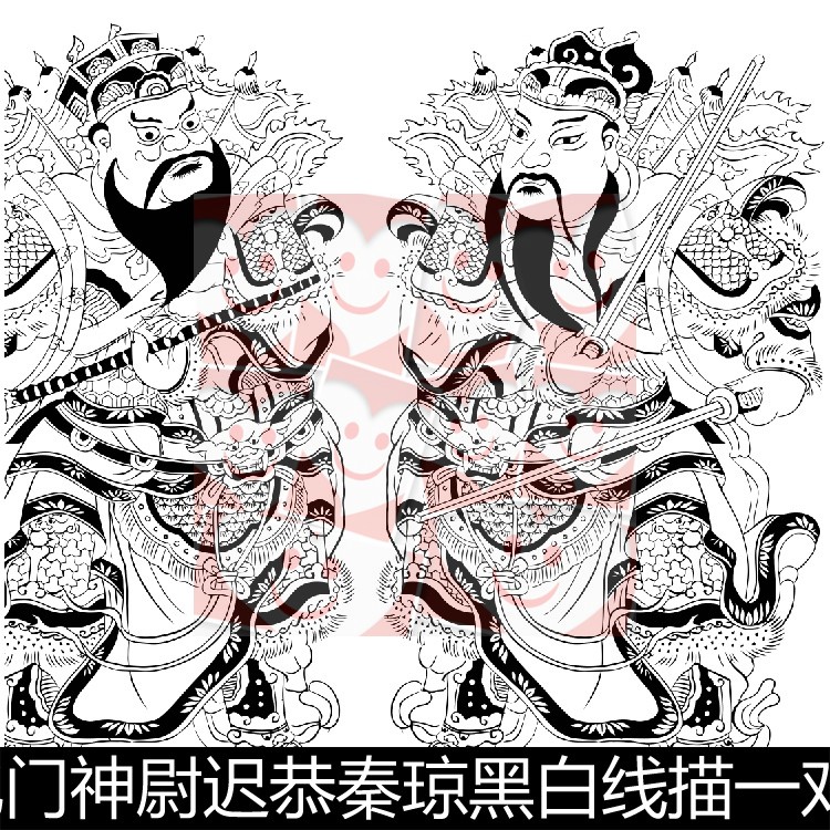 vfn中国传统民间风俗文化门神尉迟恭秦琼黑白线描一对高清素材
