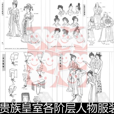 FKD古代平民贵族皇室各阶层人物服装服饰线描非高清小图设计素材
