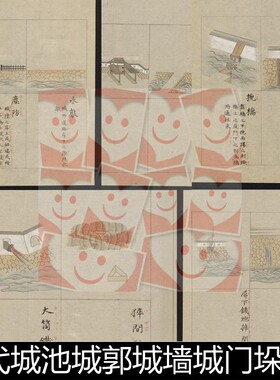 VWK古代城池城墙城门攻防要塞地理图标手绘版画插图非高清素材