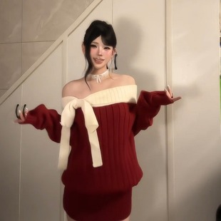 2025秋冬红色圣诞穿搭一字肩蝴蝶结长袖针织连衣裙女士冬露肩短裙