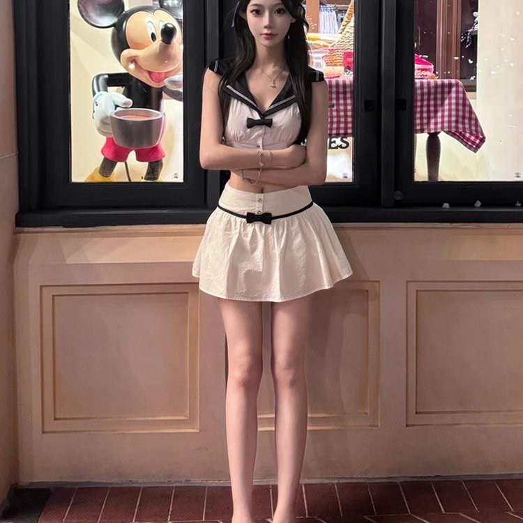 海军领miu系学院风套装裙女夏季jk制服纯欲无袖衬衫a字短裙两件套