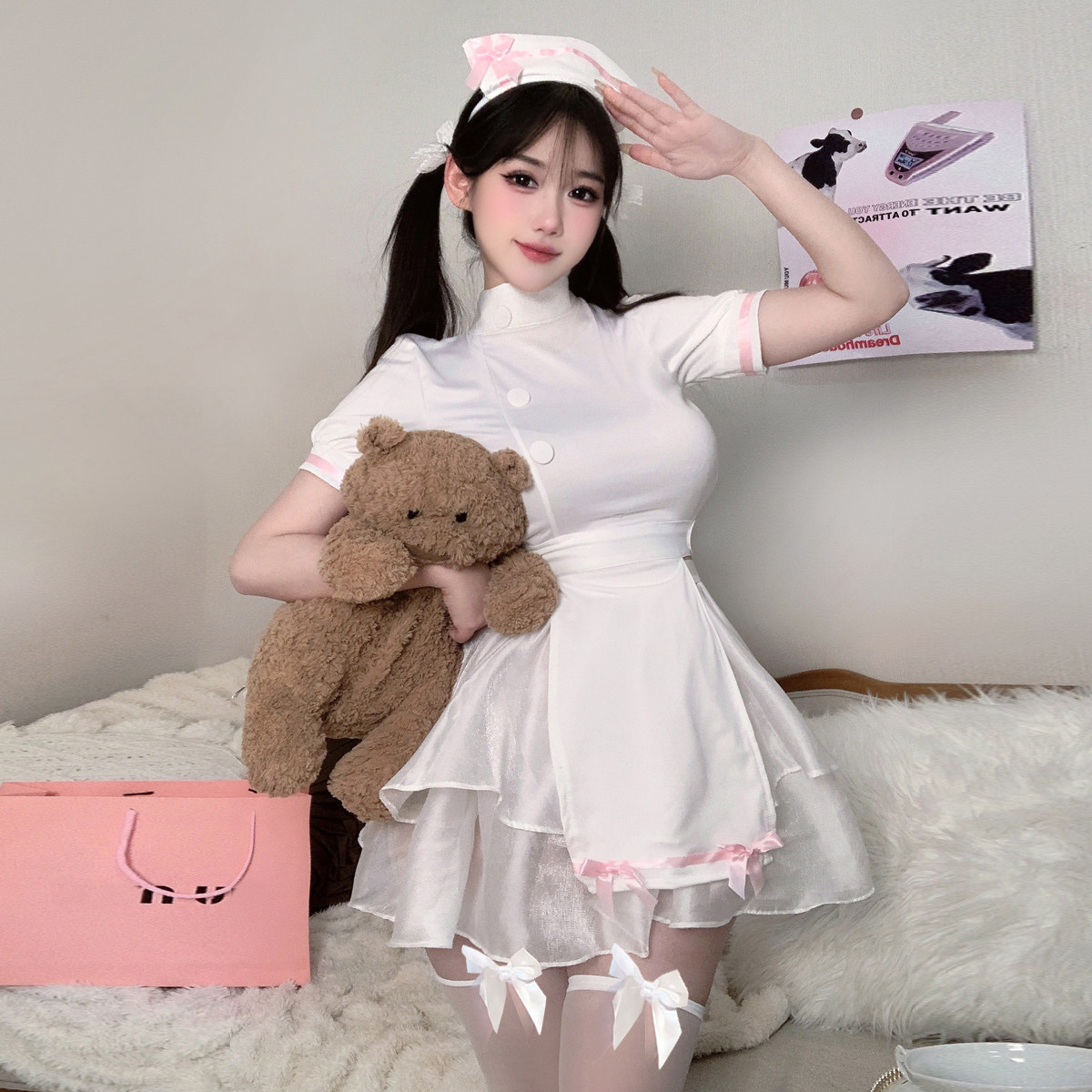 2025新款性感趣味cos护士制服日系镂空露背女仆连衣裙荷叶边短裙