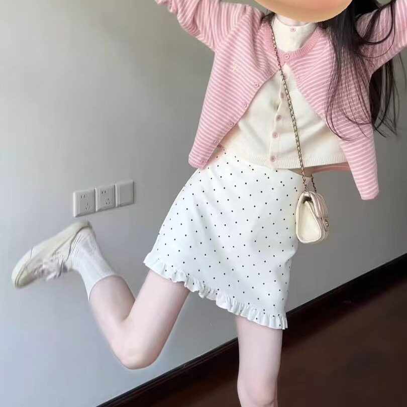 绵羊绒粉色条纹假两件针织衫女早秋新款短款开衫毛衣百搭外套上衣