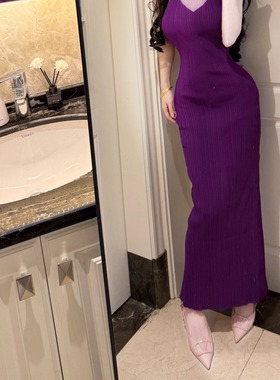 韩国优雅性感仿狐狸毛领针织包臀连衣裙秋冬紫色挂脖晚礼服长裙子