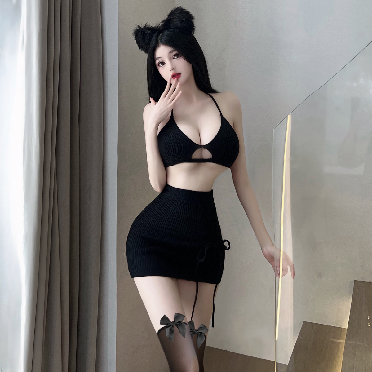 情趣睡衣性感挂脖露背绑带背心上衣吊带抽绳包臀短裙针织套装