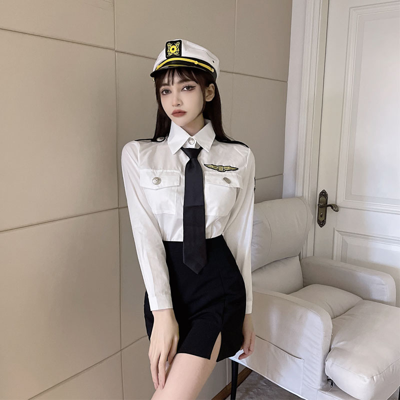 空姐制服套装女春季长袖领带衬衣+性感开叉包臀短裙两件套