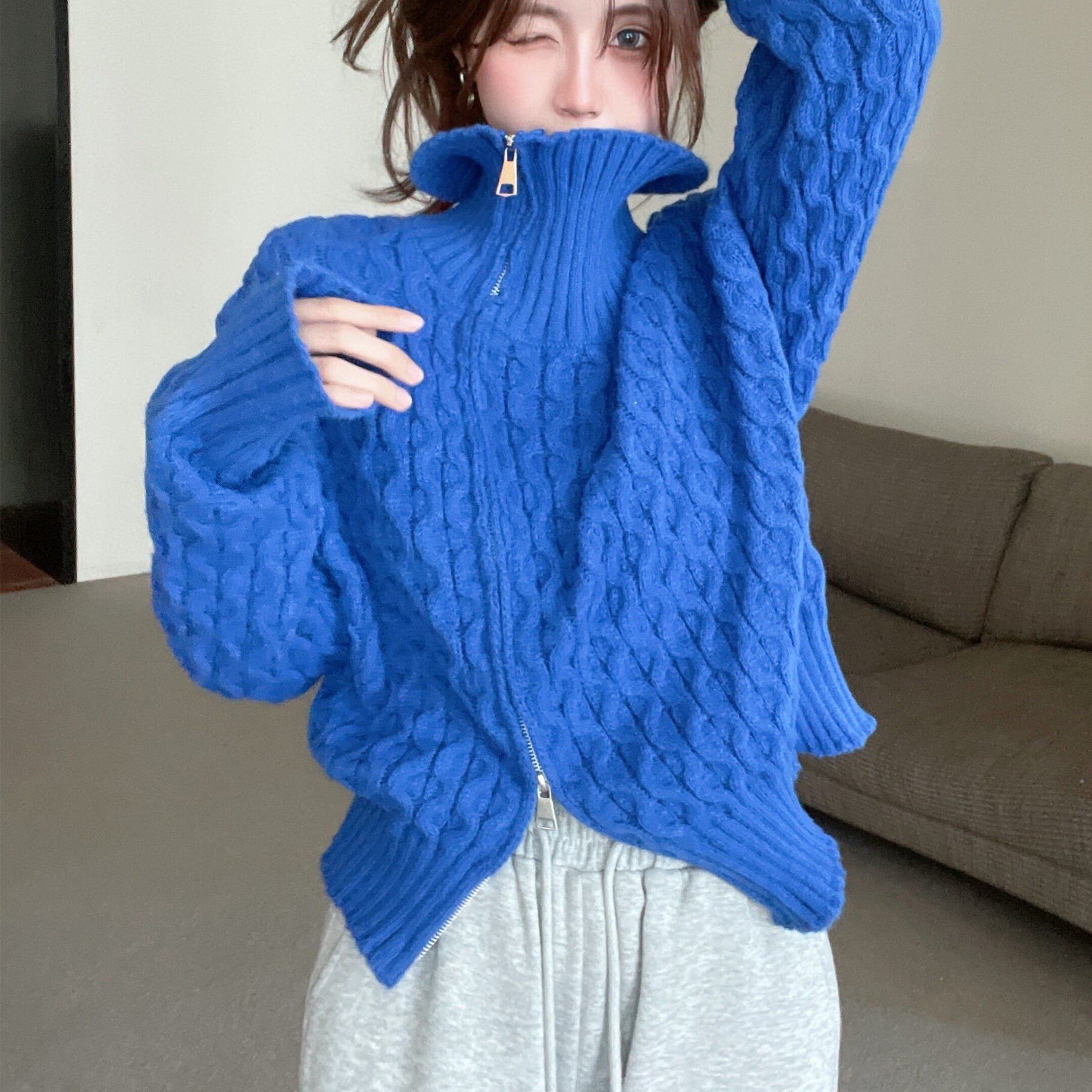 2026春秋新款克莱因蓝高领拉链毛衣针织上衣麻花毛衣女装内搭打底