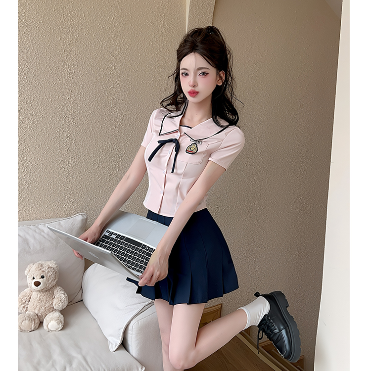 韩系女团风JK制服校供感辣妹纯欲小个子显高粉色衬衫百褶裙套装女