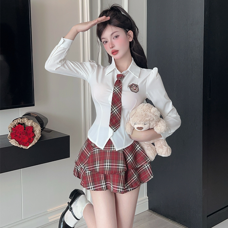 美式学院风套装jk制服衬衫工作服可爱甜美红格子半裙两件套秋季