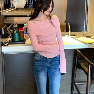 绝美吊带假两件一字肩荡领内搭打底衫女2026新款单穿长袖百搭T恤