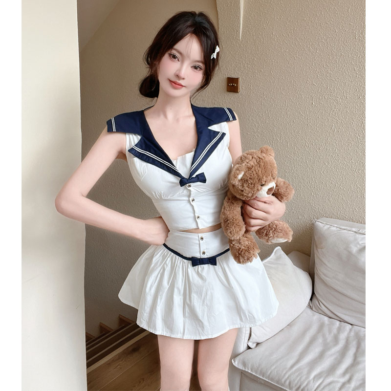 学院风jk制服套装海军领无袖衬衫上衣女夏高腰a字半身裙子两件套