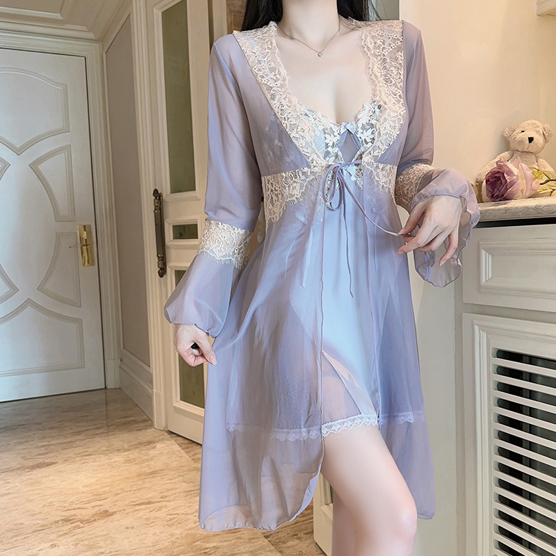 2025新款深V露背睡衣纯欲刺绣网纱性感加胸垫缎面睡裙外袍女套装