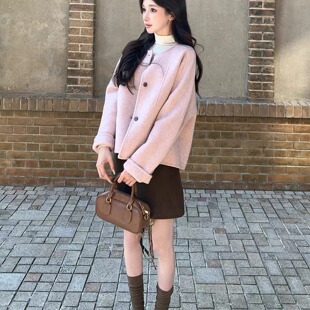 solo爆爆柔粉雪姬小个子双面呢大衣蒲公英粉圆领短款羊毛外套女士