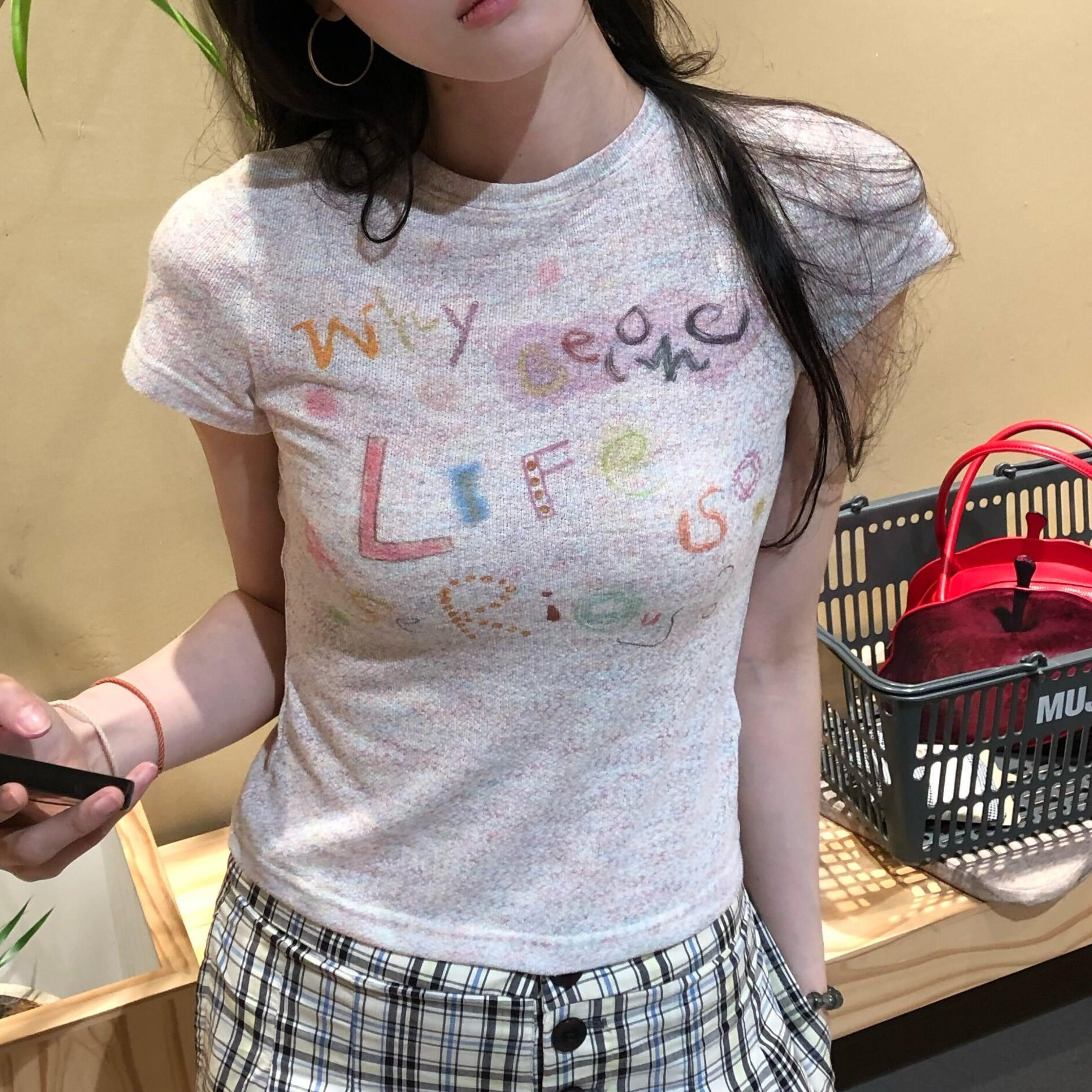 2026新款夏季女装薄款透气趣味彩虹涂鸦彩纱上衣女修身短袖t恤