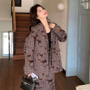 2026春季新款设计感复古印花西装两件套半身裙女宽松显瘦套装