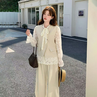 女减龄三件套装 马甲宽松高腰显瘦阔腿裤 刺绣蕾丝花边衬衫 2026新款