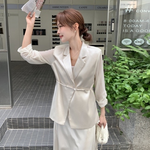 2026早春新款轻熟风长袖小西装女收腰气质绸缎雪纺吊带裙两件套装