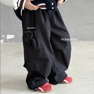 儿童黑色工装加绒大口袋阔腿裤2025冬季新款男童洋气韩系中童裤子