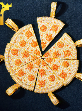 听杰2023新款欧美披萨吊坠铜镶锆石满钻个性新潮项链饰品爆款