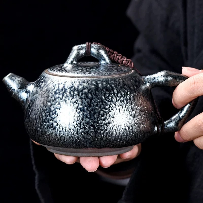 复古百花断水壶建阳建盏茶壶茶具纯手工家用陶瓷壶泡茶壶铁胎大号