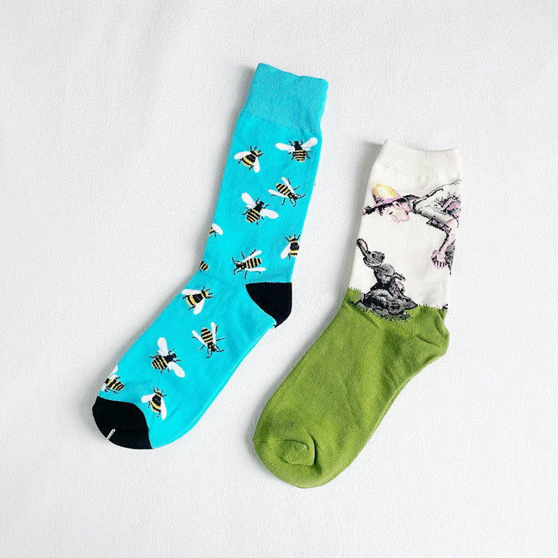 时尚潮袜大花型卡通图案男女情侣款精梳棉200针外贸单
