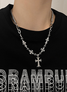 2025新款欧美复古十字架吊坠项链男小众设计高级感钛钢项链毛衣链