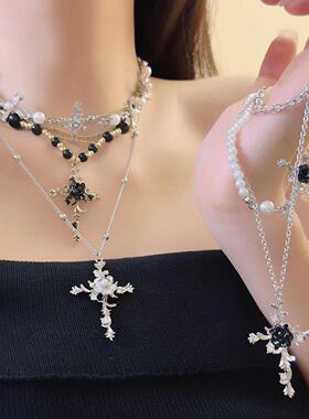 嘻哈街头辣妹十字架玫瑰花朵项链女串珠叠戴chocker哥特锁骨链潮