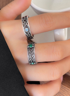 岚芷 纹理镂空泰银饰品女个性小众跨境复古925银戒指开口食指戒